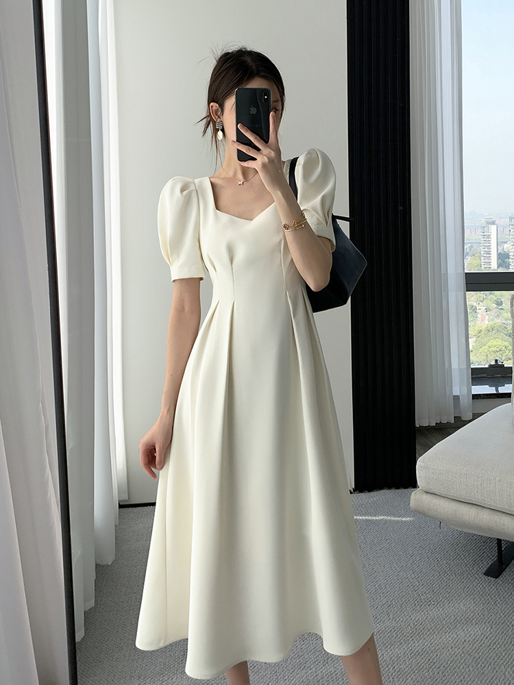 Vintage Solid Puff Sleeve Square Collar Woman Midi Dress for Women Party Office Lady Evening Elegant Clothing Summer 2022 White alx