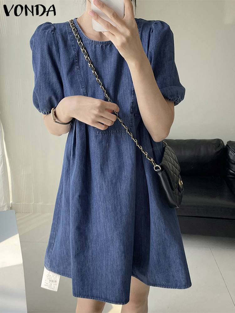 Women Dress 2022 VONDA Casual Round Neck Robe Femme Puff Sleeves Short Sleeve Denim Short-Knee Dress Femininas Vestidos alx