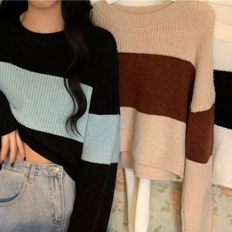 2022 Fashion Color Matching Horizontal Bar Sweaters Women New Autumn Winter Long Sleeve Loose High Waist Korean Knitting Top alx