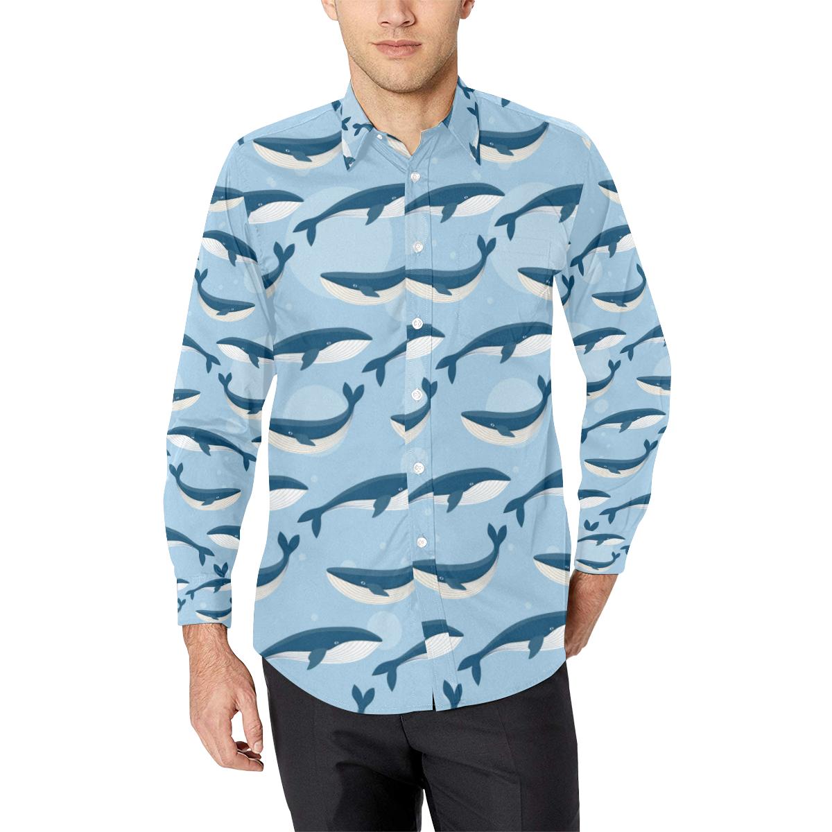 Blue Whale Pattern Print Design 02 Long Sleeve Dress Shirt