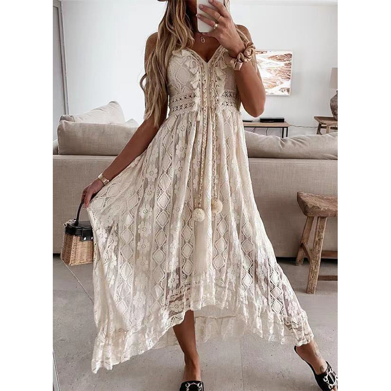 Summer Women Clothing Slip Dress V-Neck Lace Lacework Patchwork Hollow Out Broken Flower Printing Sleeveless White Long Dresses alx