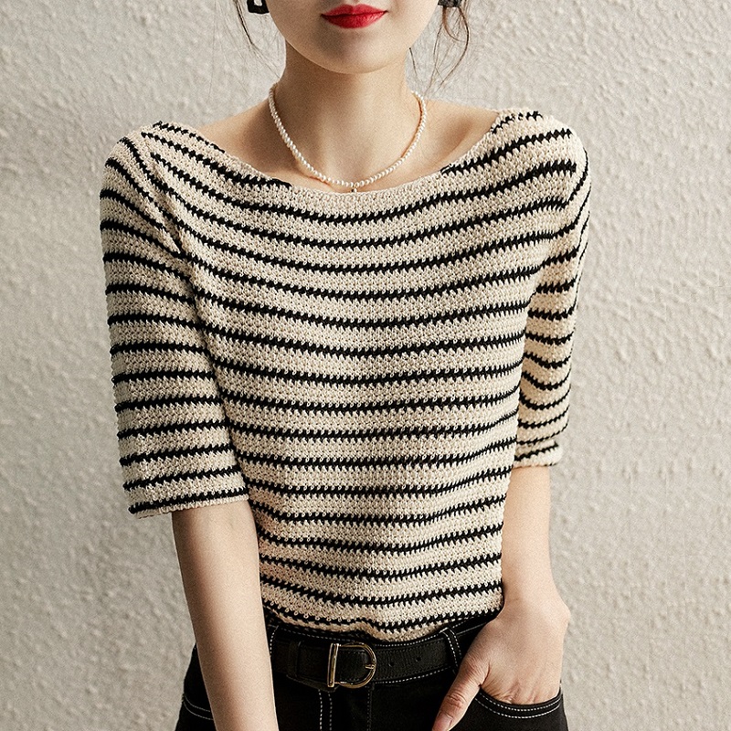 TuangBiang 2022 Slash Neck Striped Mercerized Cotton Knitting T-Shirts Women Summer Short Sleeve Pullovers Elastic Hawaiian Tops alx