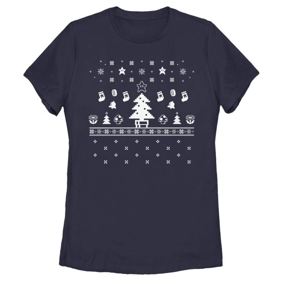 Nintendo Women’s Ugly Christmas Tree Super Mario  T Shirt