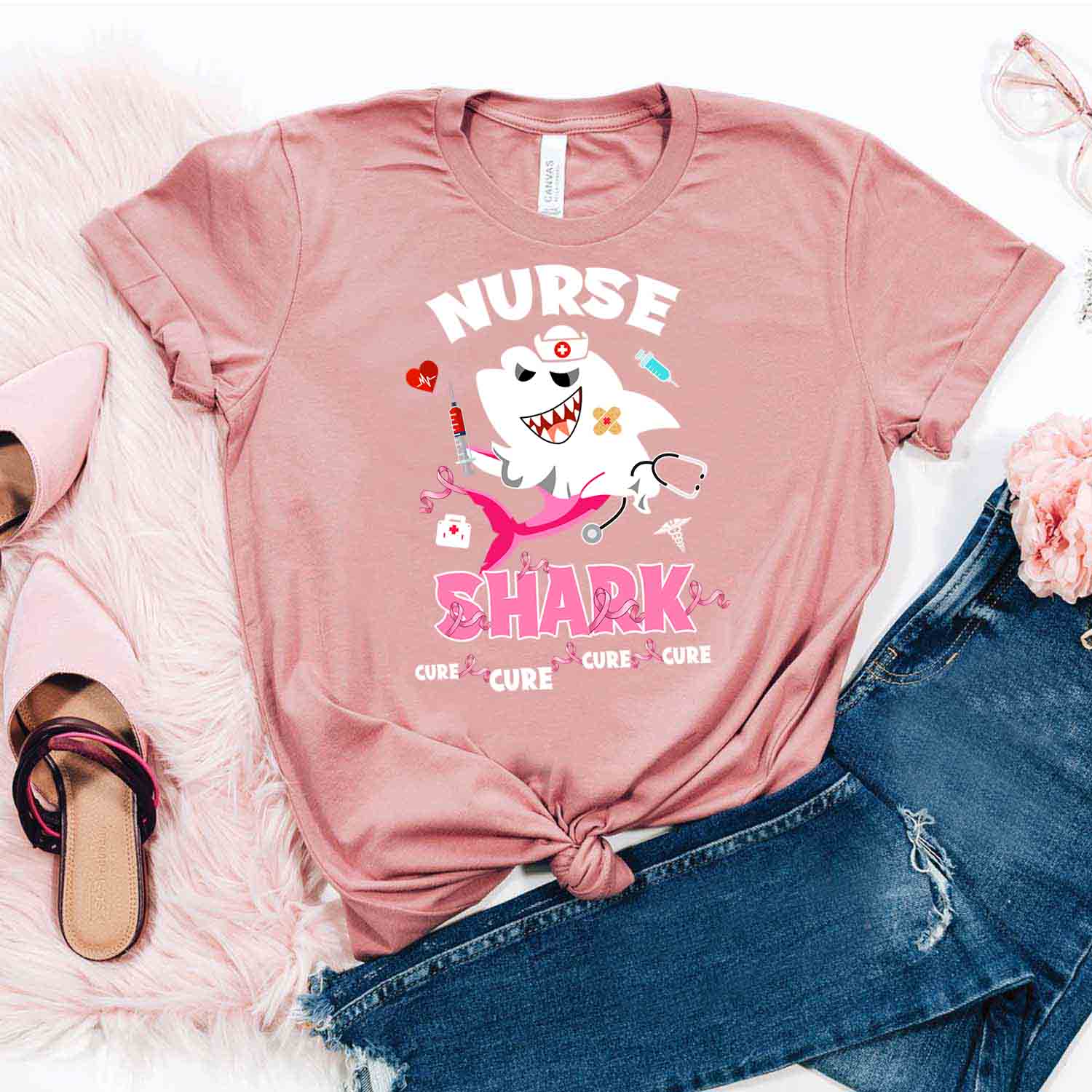 White Nurse Shark Cure Shirt – Breast Cancer Awareness T-Shirt Gifts For Mom Daughter Friends Hoodies Sweater Pink