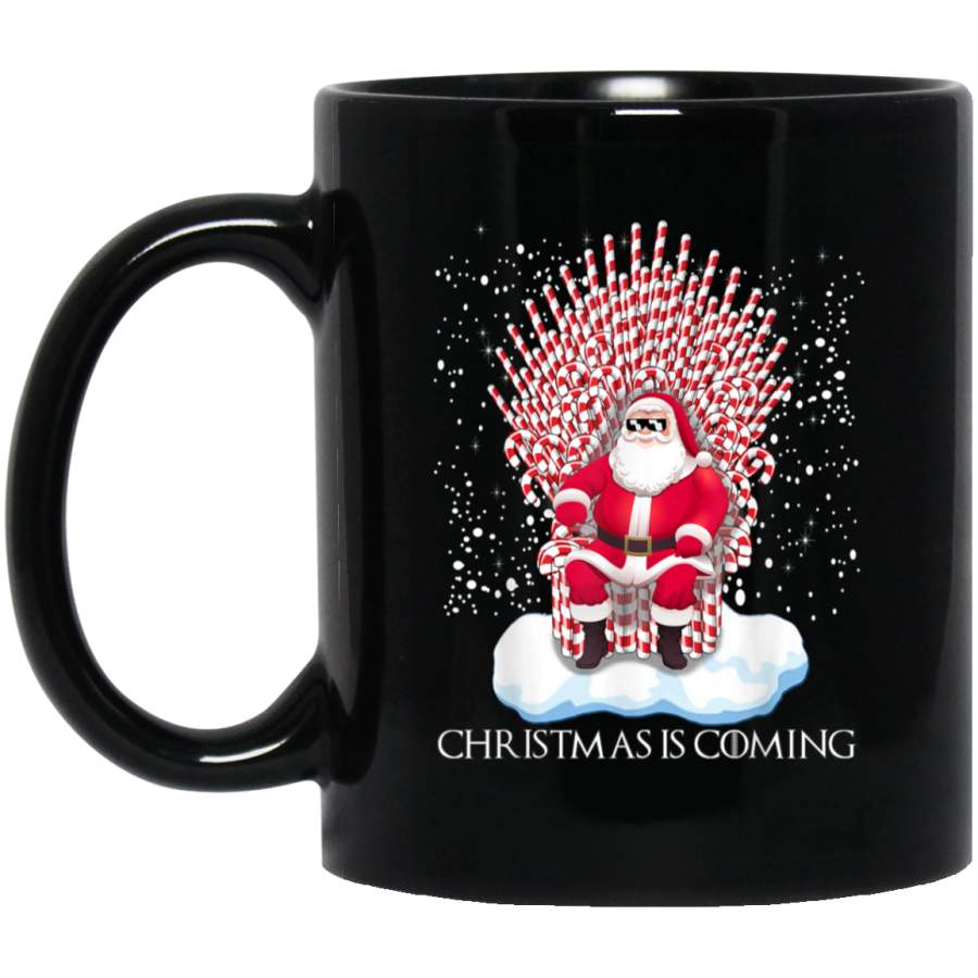 Christmas is coming funny candy cane throne Santa Claus Black Mug