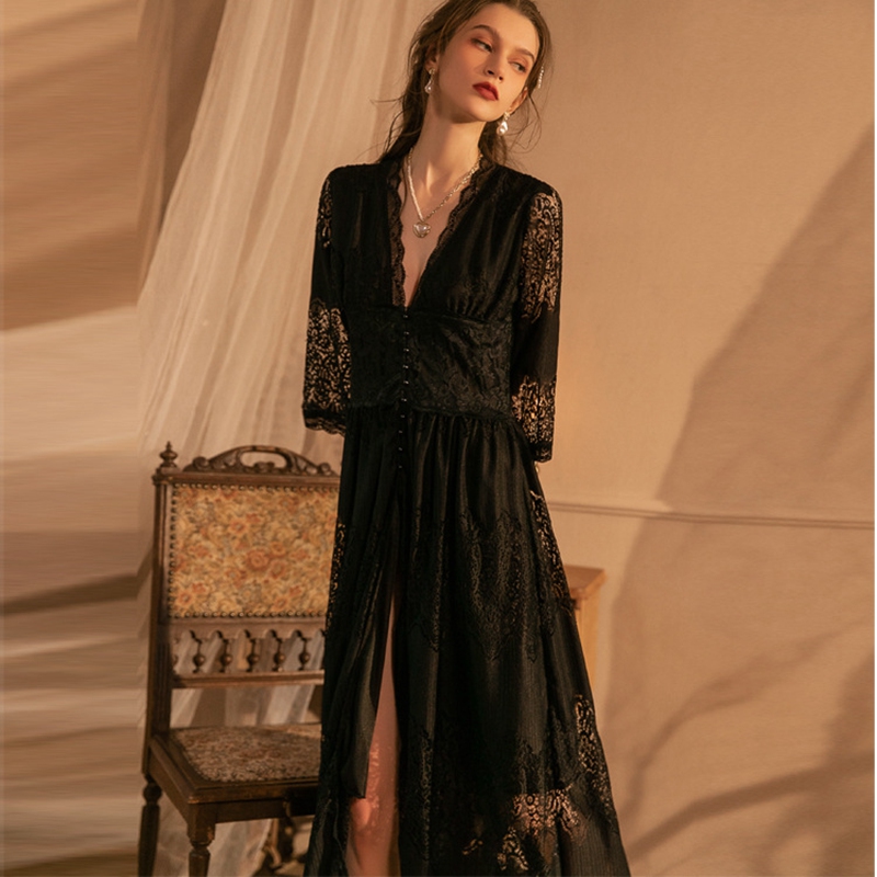 Vintage Nightgowns Lace Women Autumn Robe Nightie V Neck Long Night Dress Wear Romantic Lolita Sleepwear Nightdress alx