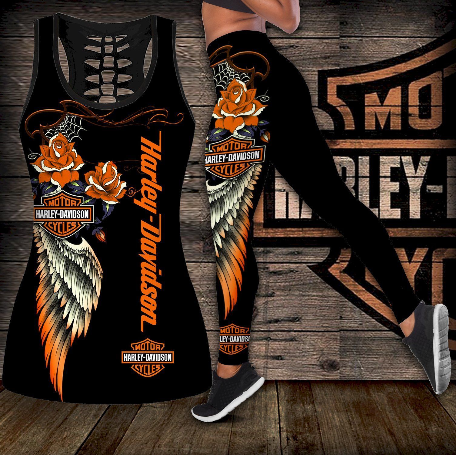 Combo Harley Davidson Hollow Tanktop And Leggings Set Outfit K1842