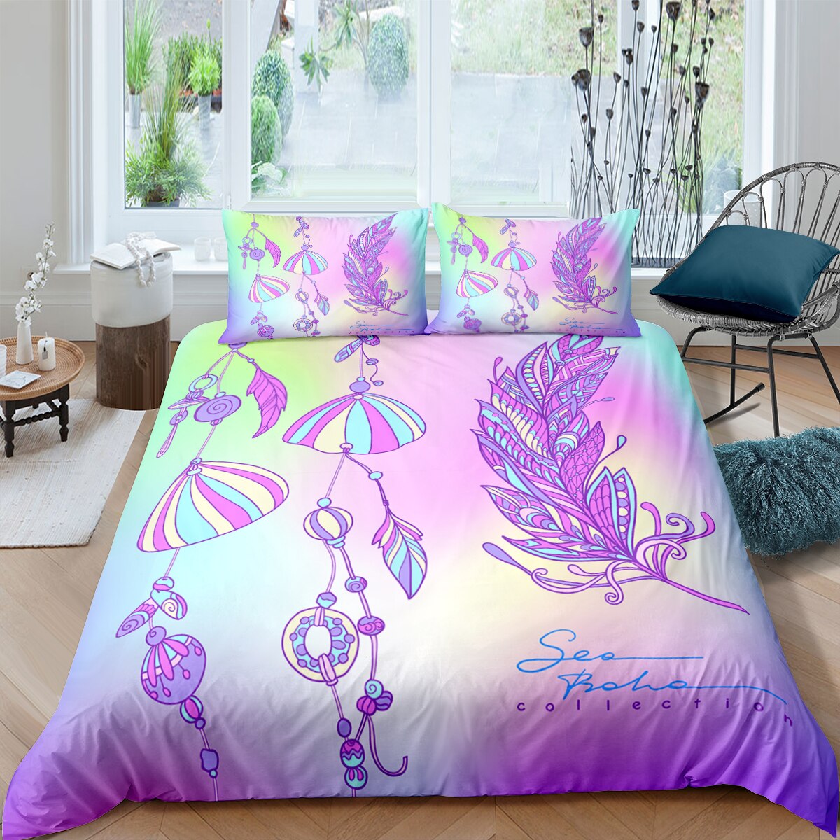 Sea Shells And Sea Star Duvet Cover With Pillowcase Rainbow Colorful Bedding Set Luxury Bedroom Textiles