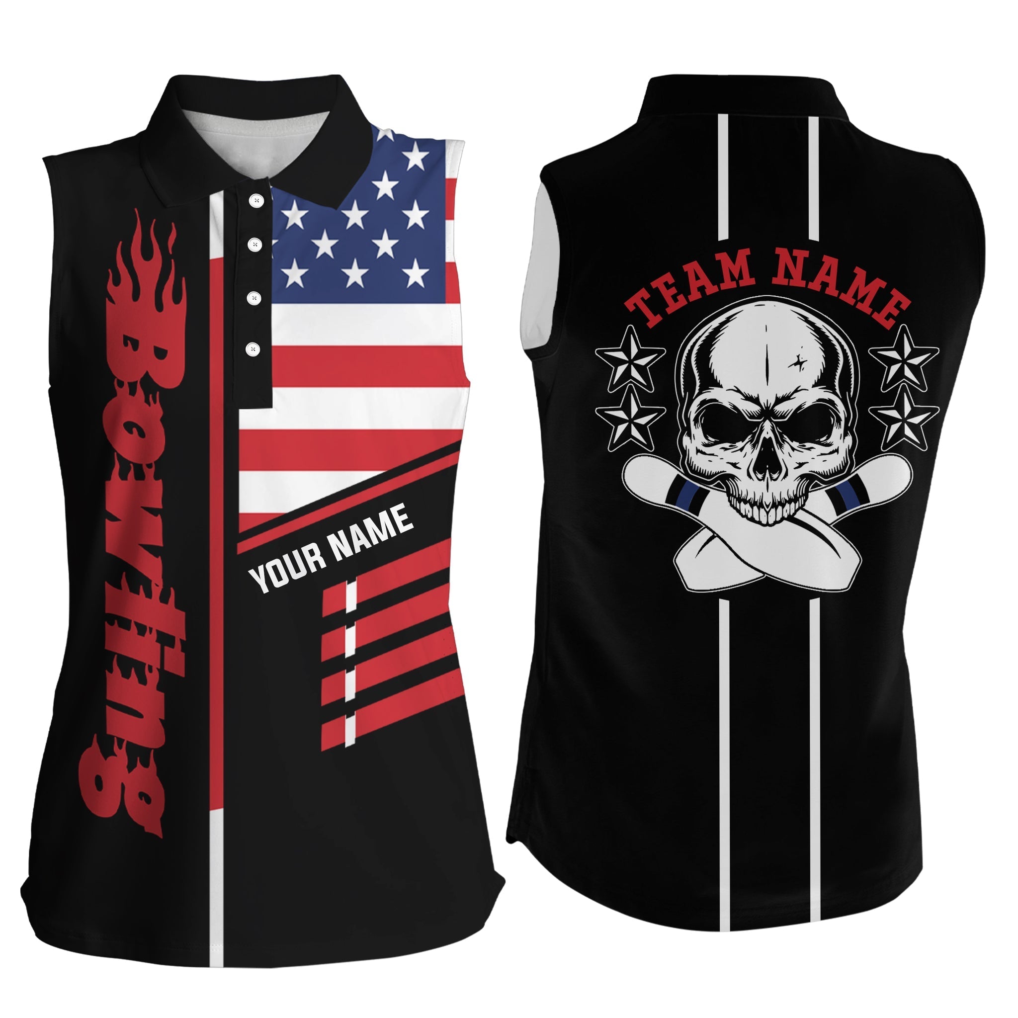 Bowling Sleeveless Polo Shirt, Women Bowling Jersey, Personalized American Flag Skull Bowling Team Shirt