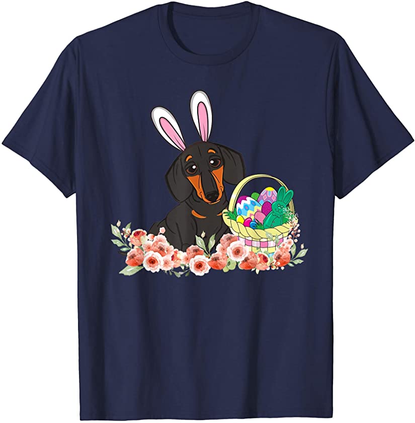 Cute Dachshund Flower Bunny Ear Egg Basket Easter T-Shirt