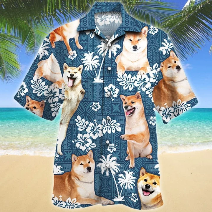 Happy Shiba Inu Dog Blue Tribal Pattern White Plant Hawaii Shirt Ha94496