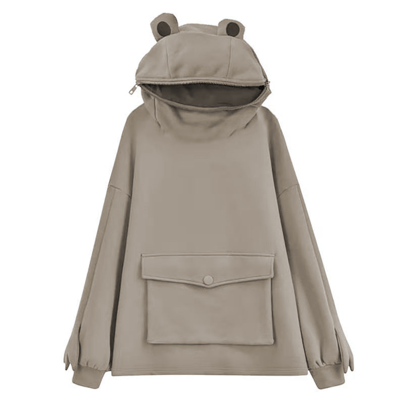 Autumn and Winter New Chic Plus Velvet Sweater Women’s Mid-Length Design Super Cute Frog Hooded Lazy Coat Jacket alx