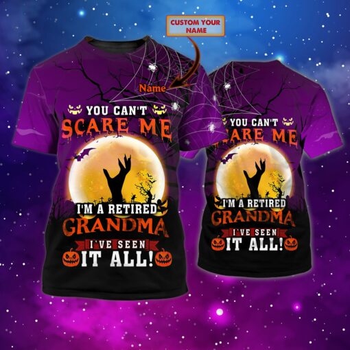 Custom You Can’T Scare Me I’M A Retired Grandma I’Ve Seen It All Personalized Name 3D All Over Printed T-Shirt For Men And Women, Happy Halloween Day