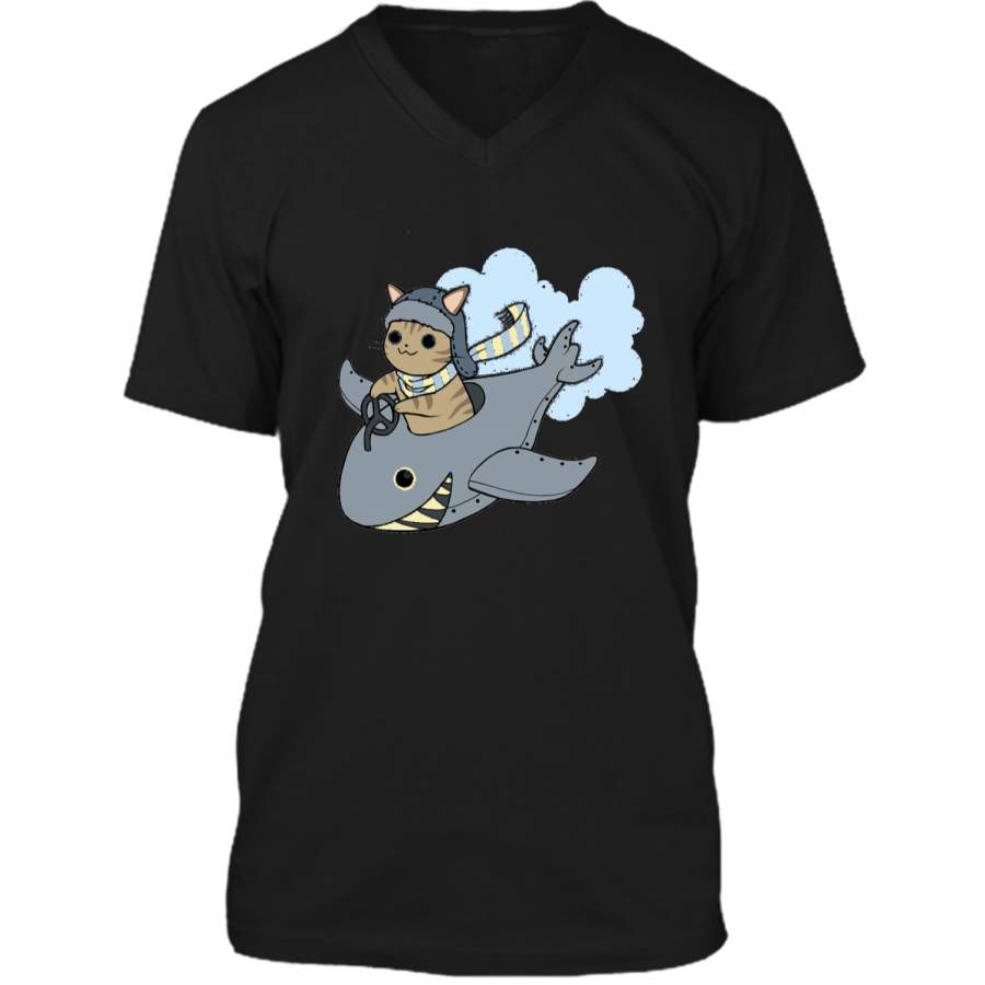 Cat Shark Plane Adorable Pilot Tee Mens Printed V-Neck T