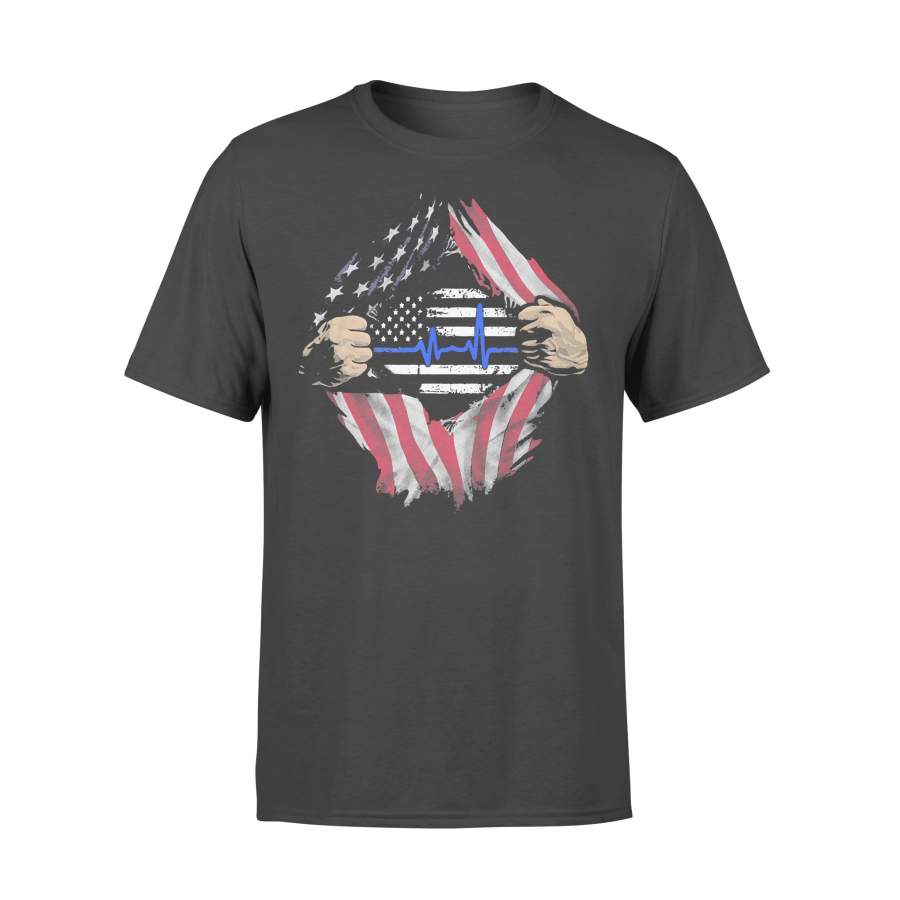 Bloods Inside Thin Blue Line  Heartbeat American Flag T-shirt