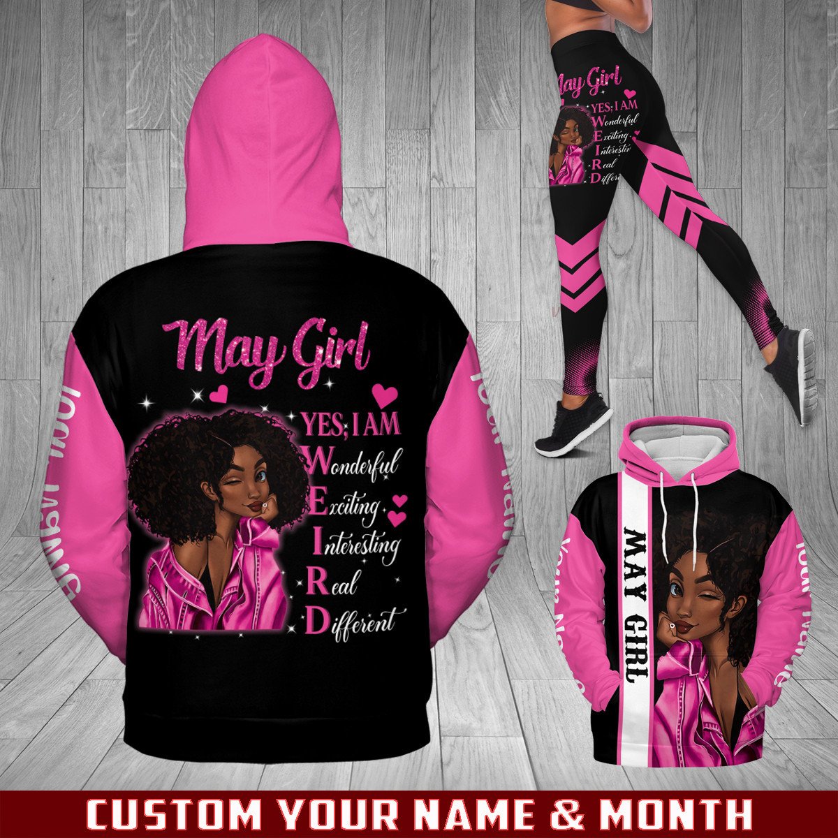 Personalized Name & Birthday Month Black Girl Wonderful – Exciting – Interesting Pink Hoodie – Legging #V