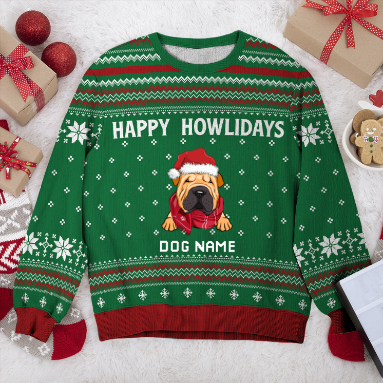 Chinese Shar-Pei Happy Howlidays Personalized Sweater, Dog Ugly Christmas Sweater