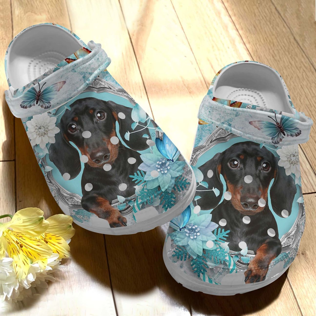 Dachshund Personalized Clog, Custom Name, Text Dachshund Blue Butterfly, Fashion Style For Women, Men, Kid, Print 3D