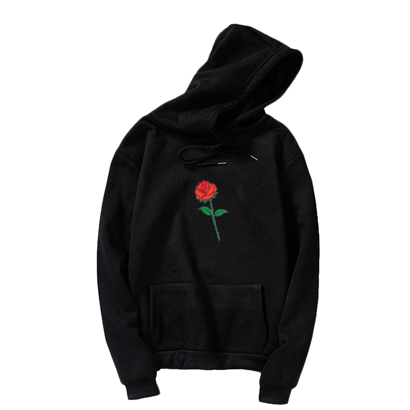 Red Rose Flower Print Fleece Sweatshirts Women Hoodies Cute Hip Hop Kawaii Harajuku Oversized Woman Tops Lady Winter Clothes alx