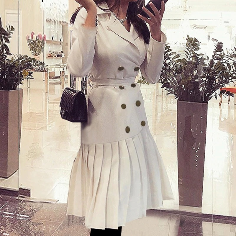 Vintage Pleated Belt Notched A-Line Long Sleeve Midi Office Patchwork Dress