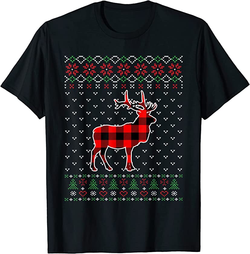 Red Plaid Animals Ugly Sweater Christmas Elk Lover T-Shirt