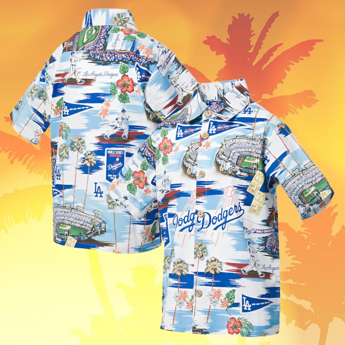Reyn Spooner White Scenic Los Angeles Dodgers Hawaiian Shirt