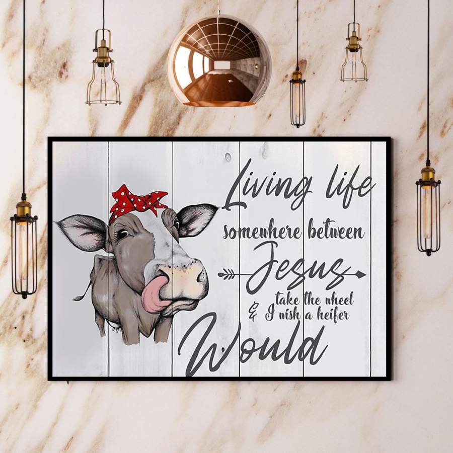 Cows leopard bandana living life somewhere between jesus take the wheel paper poster no frame/ wrapped canvas wall decor full size