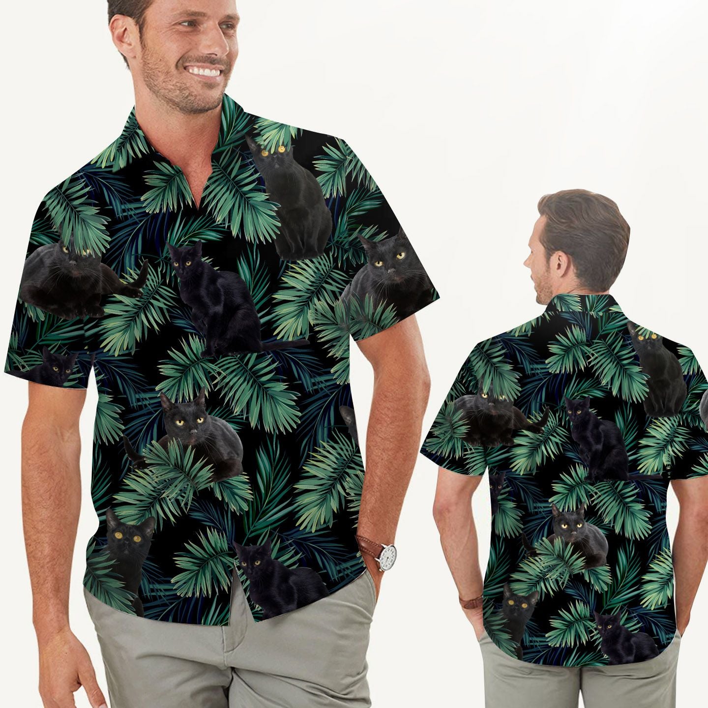 Black Cats Tropical Palm Tree Leaves Men Hawaii Summer Beach Shirts For Pet Lovers Ha32844