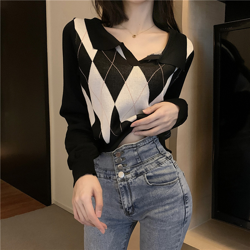 2021 Autumn Winter New Polo Collar Argyle Thick Sweater Pullovers Women Loose Cashmere Sweater Pullover Female Long Sleeve 17455 alx