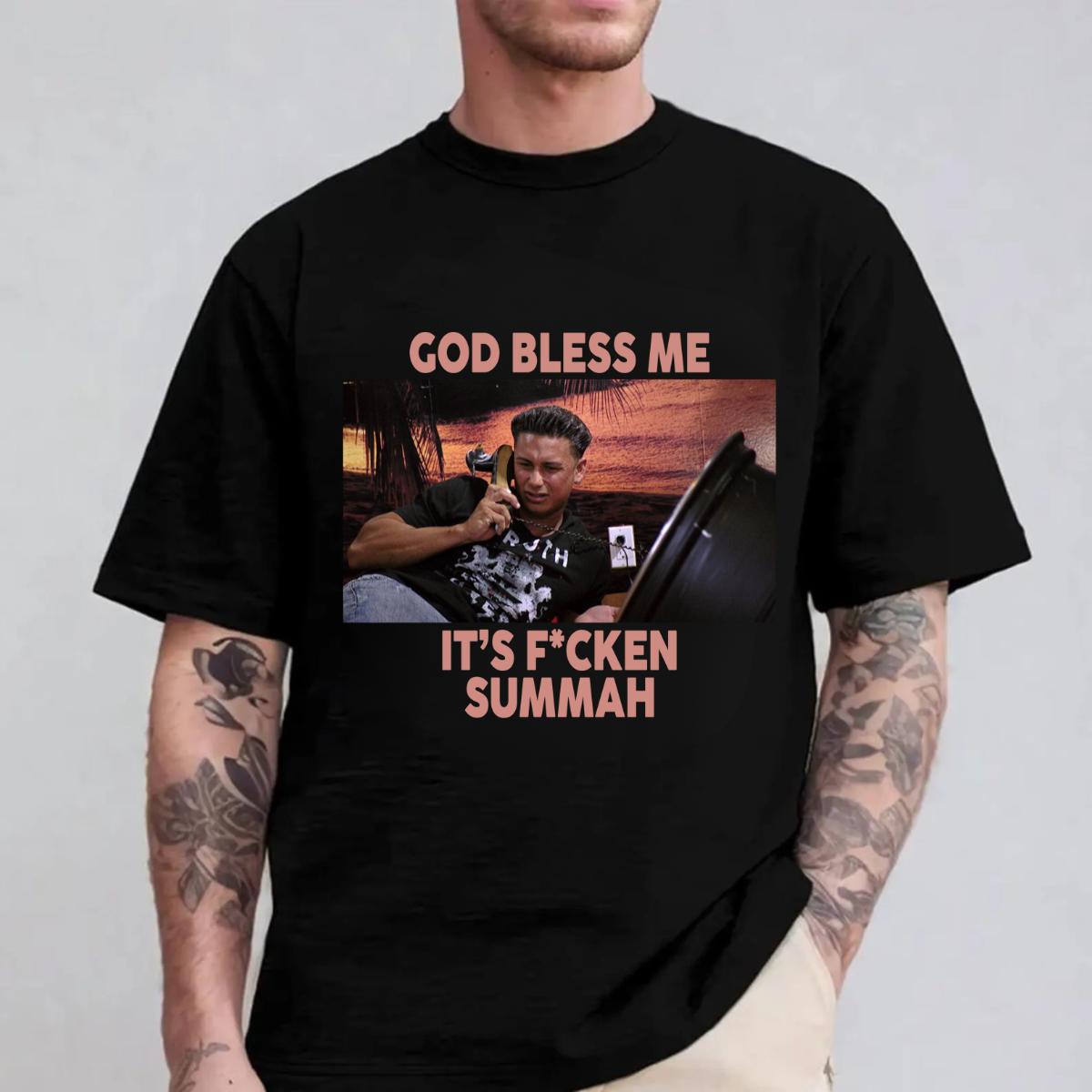 God Bless Me Its F*cken Summah T-Shirt, Funny Summer Tee for Party Lovers, Humorous Beach Vibes Graphic T-Shirt, Sarcastic Vacation Gift