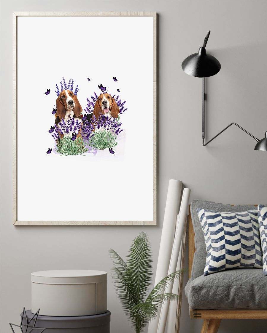 Basset Hound with lavender flower poster