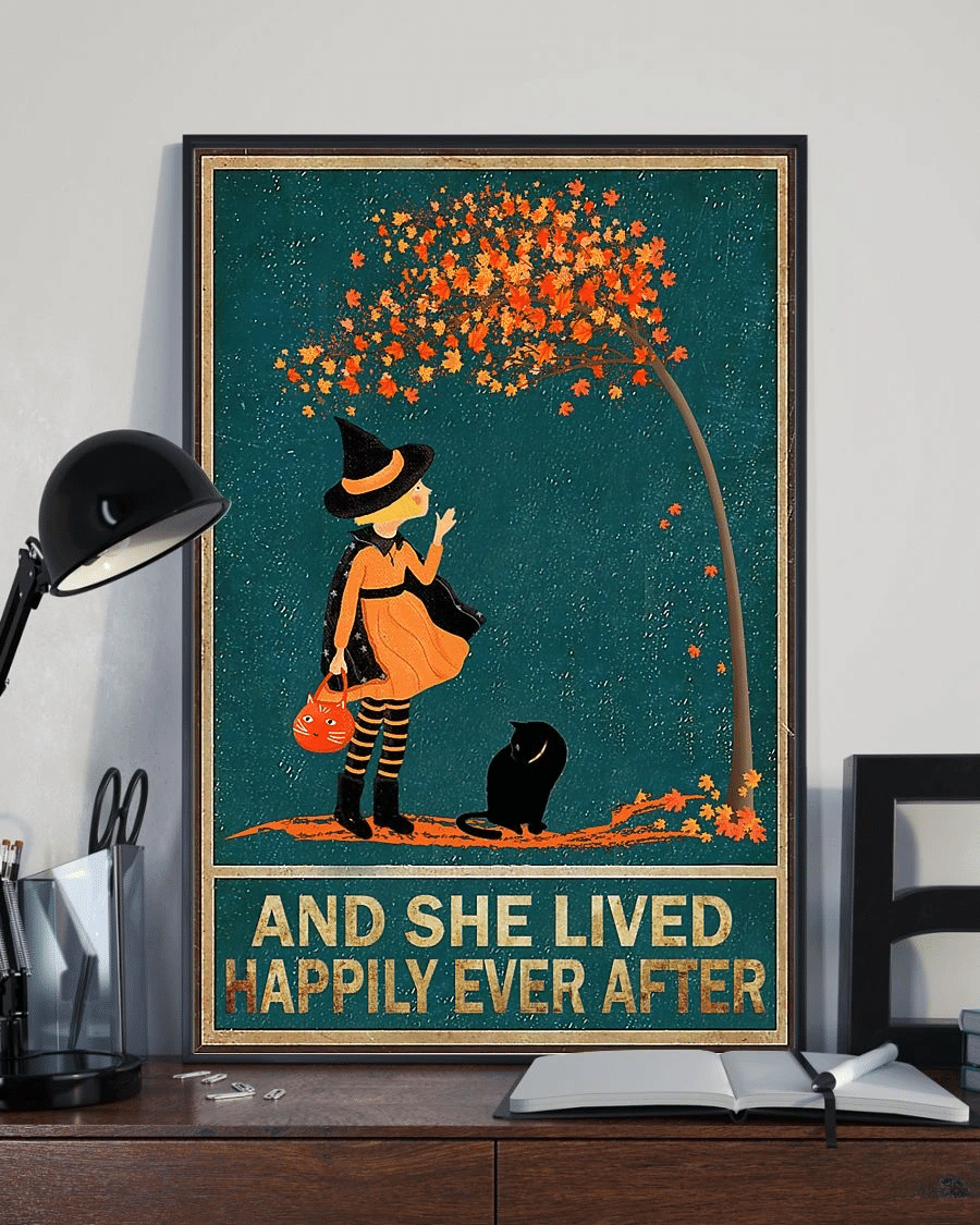 Black Cat Witch Girl Halloween Poster Canvas – And She Lived Happily Ever After Vintage Home Decor Wall Art Evg81016