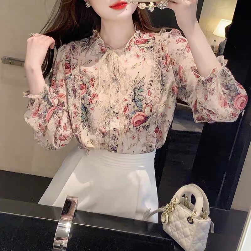 Spring Summer New Flower Chiffon Shirt Korean Gentle Style Blouse women’s Lace Tie Long Sleeves Shirt Office Lady Elegant Shirt alx