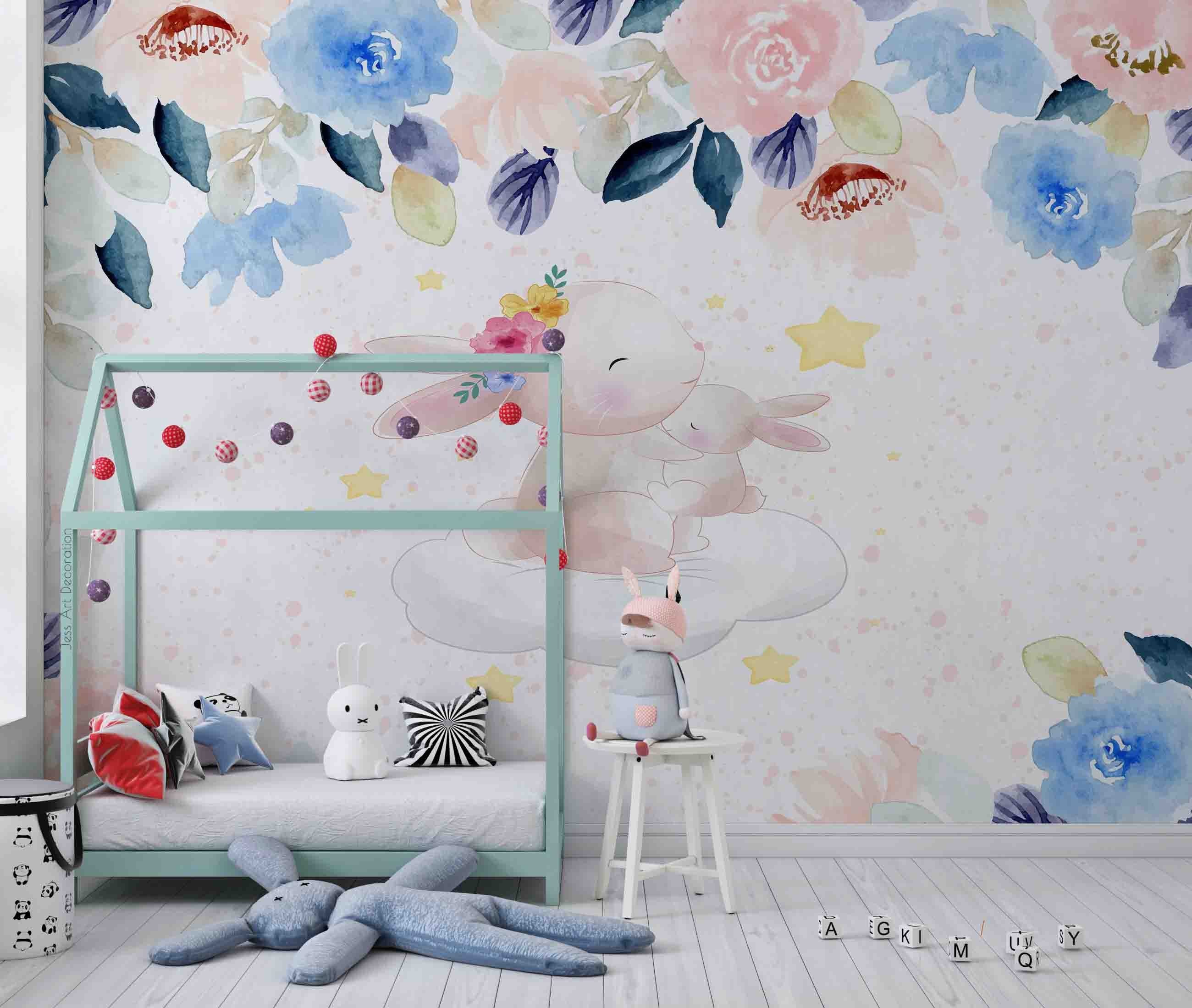 3D Watercolor Cute Rabbit Flower Cloud Star Wall Mural Wallpaper Gd 2654