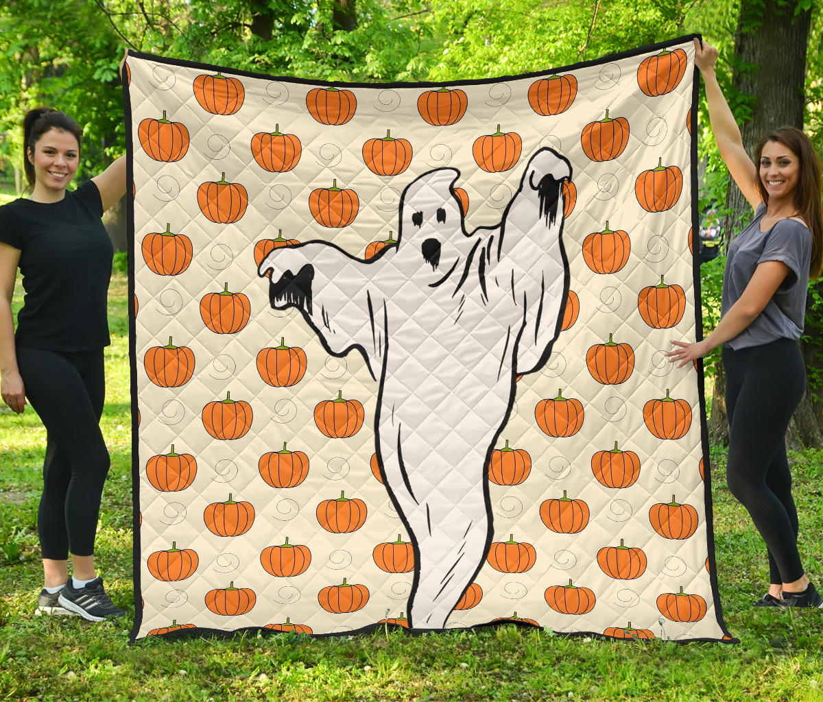 Halloween Premium Quilt | Ghost Artwork Pumpkin Spiral Patterns Yellow Quilt Blanket