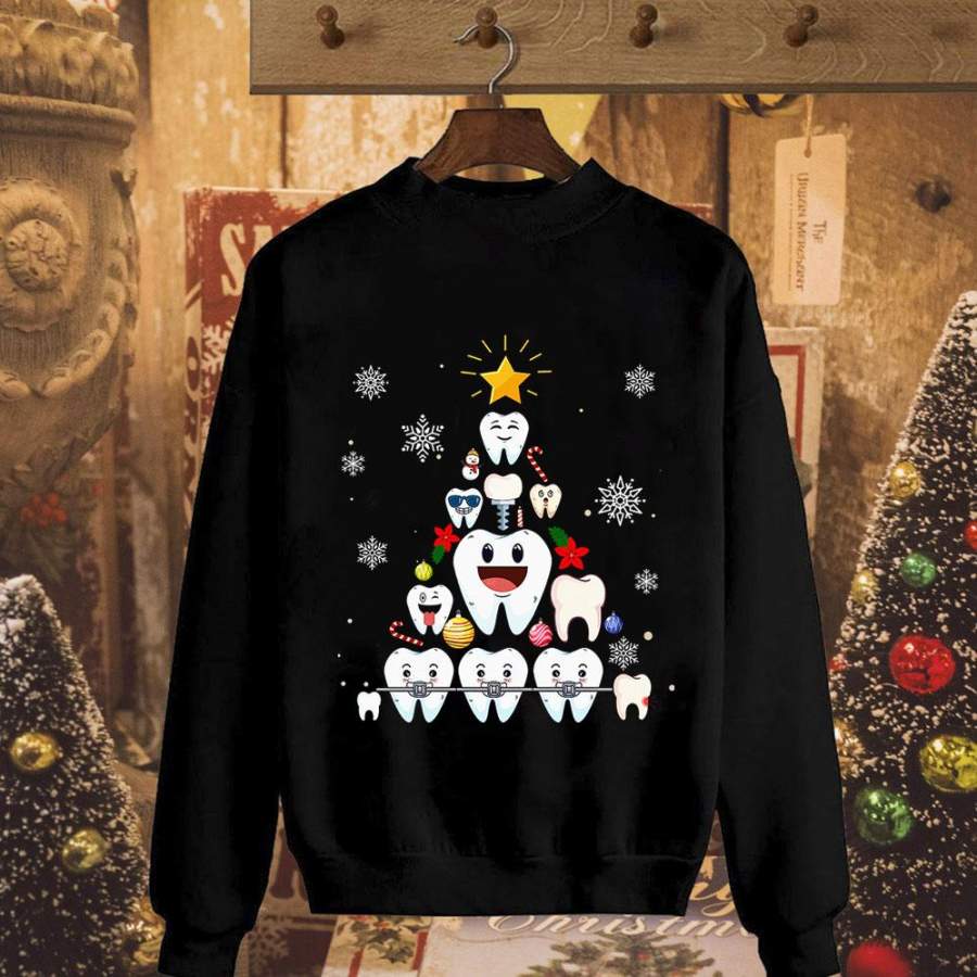 Dental christmas tree teeths candy cane snow winter season ornament lovers black sweatshirt for men and women S-5XL