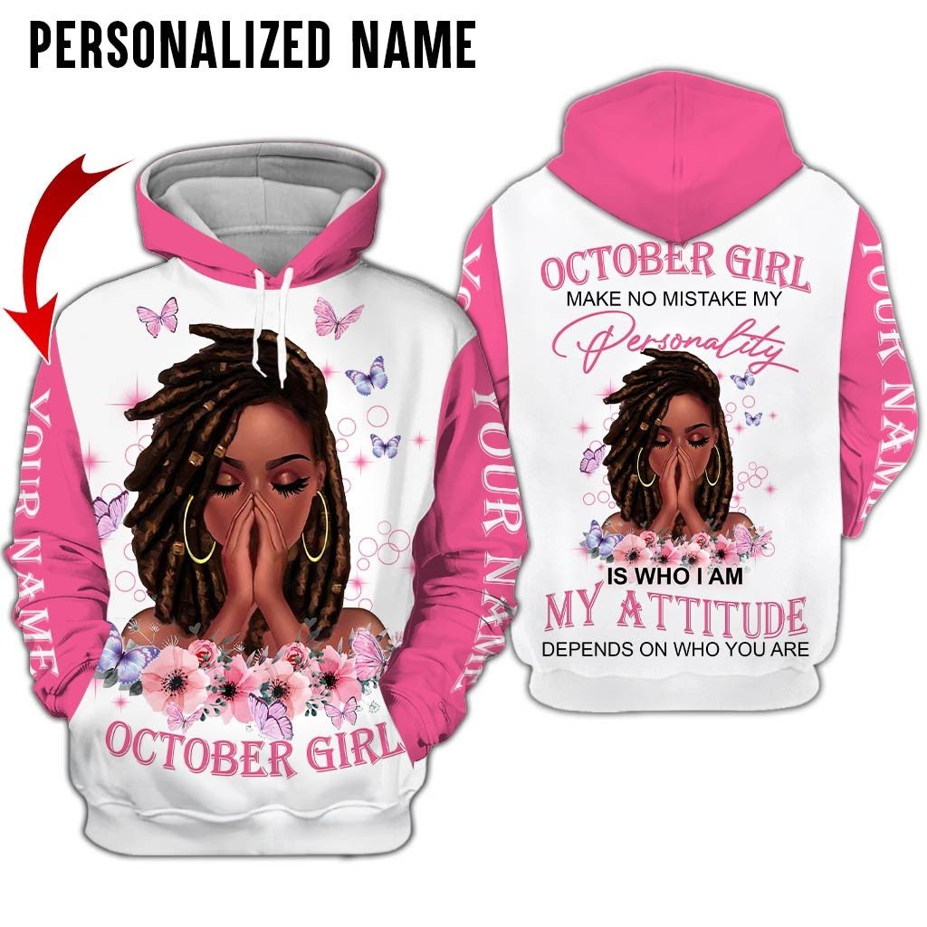 Personalized Name Birthday Outfit October Girl Woman Bufterfly Pink All Over Printed Birthday Shirt