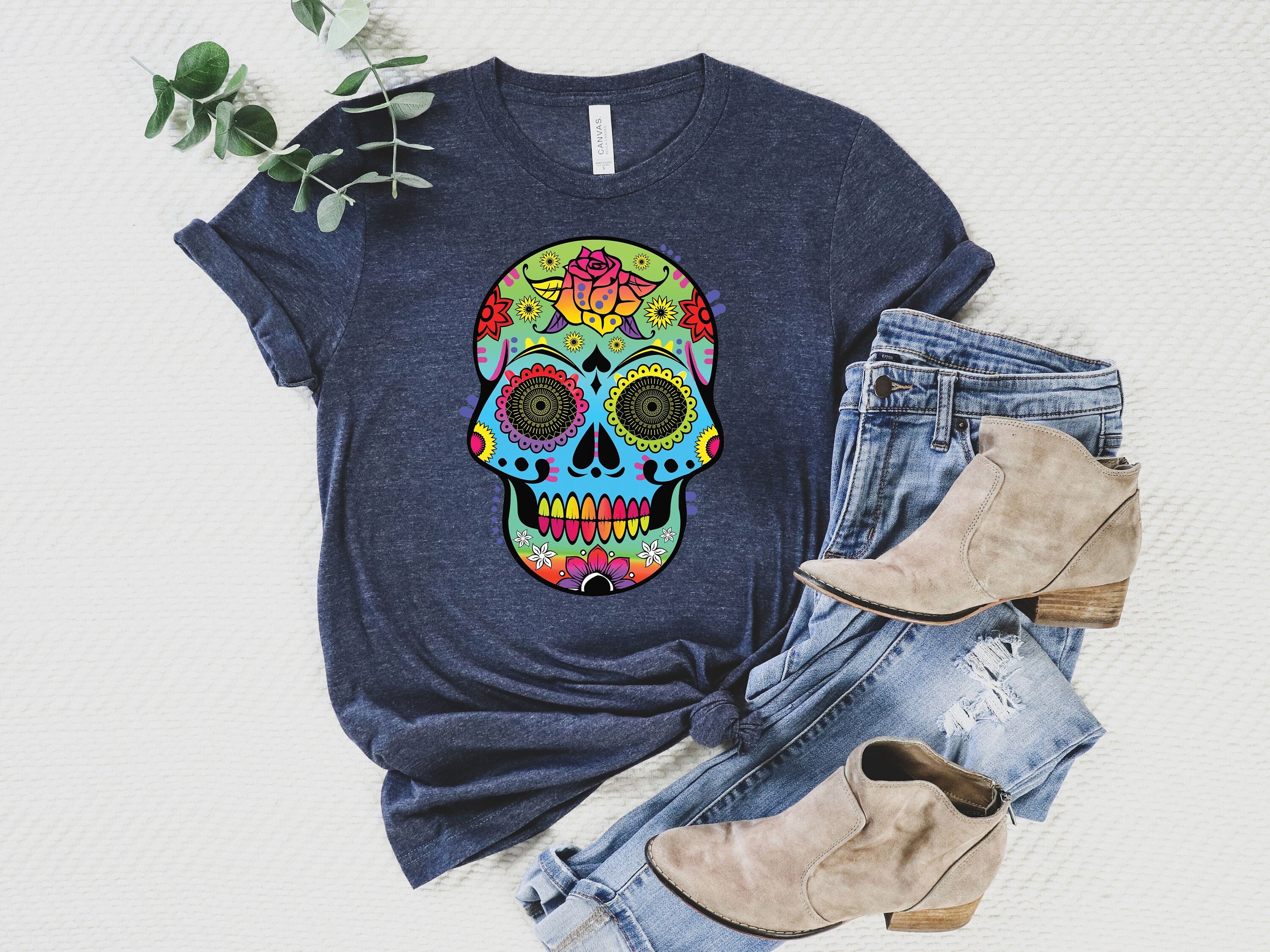 Sugar Skull T-Shirt, Floral Candy Skull Tee, Day Of The Dead Shirt, Día De Muertos, Flowers, Calaveras Donuink Store
