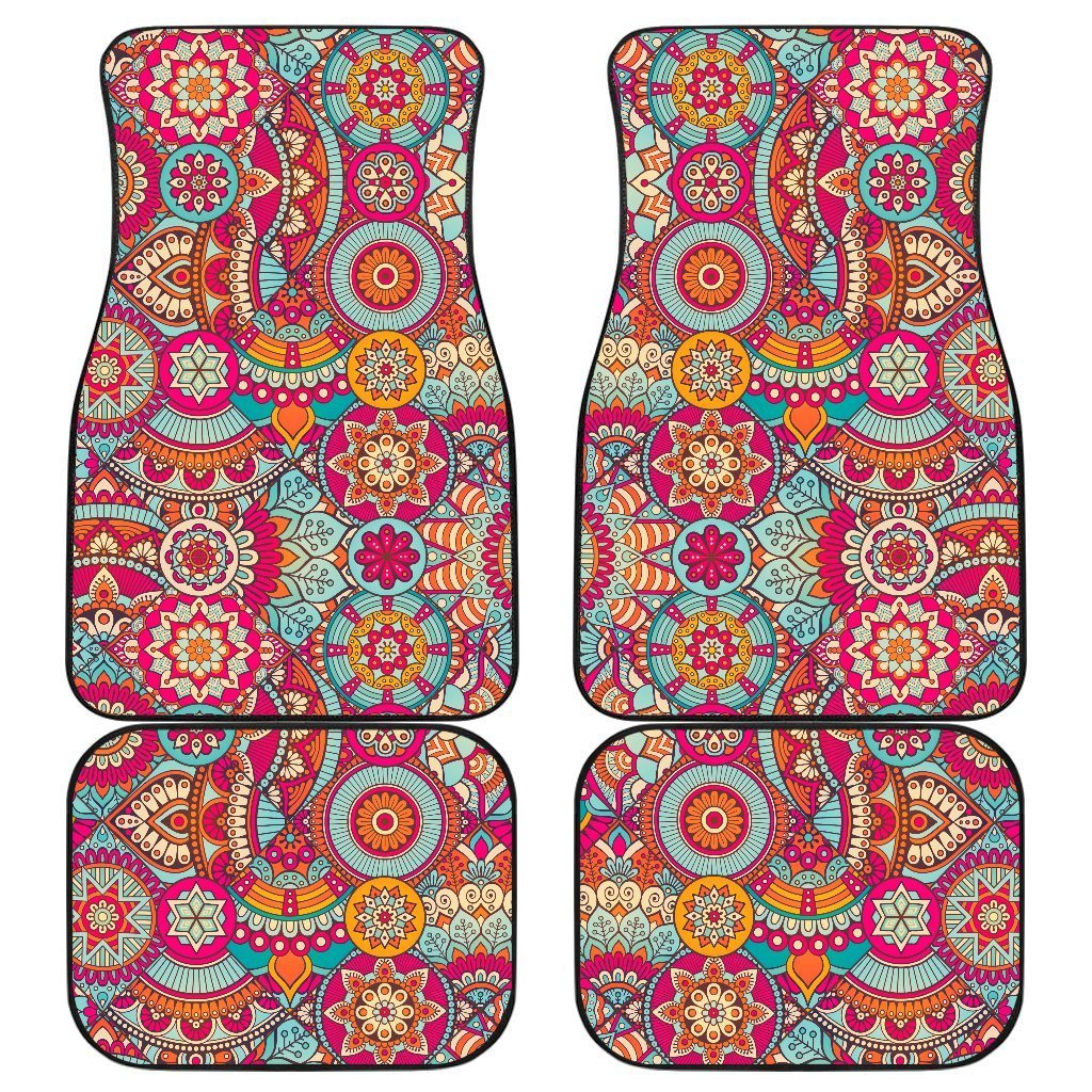 Retro Bohemian Mandala Pattern Print Front And Back Car Floor Mats, Front Car Mat