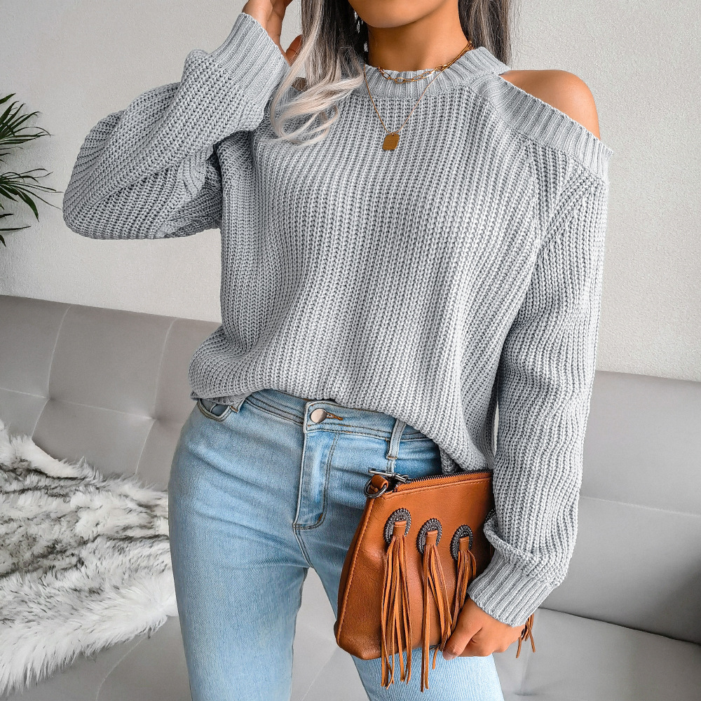 2022 New Women Causal Autumn Winter Off The Shoulder Solid Color Loose Knitted Sweater For Ladies Fashion All Match Tops alx