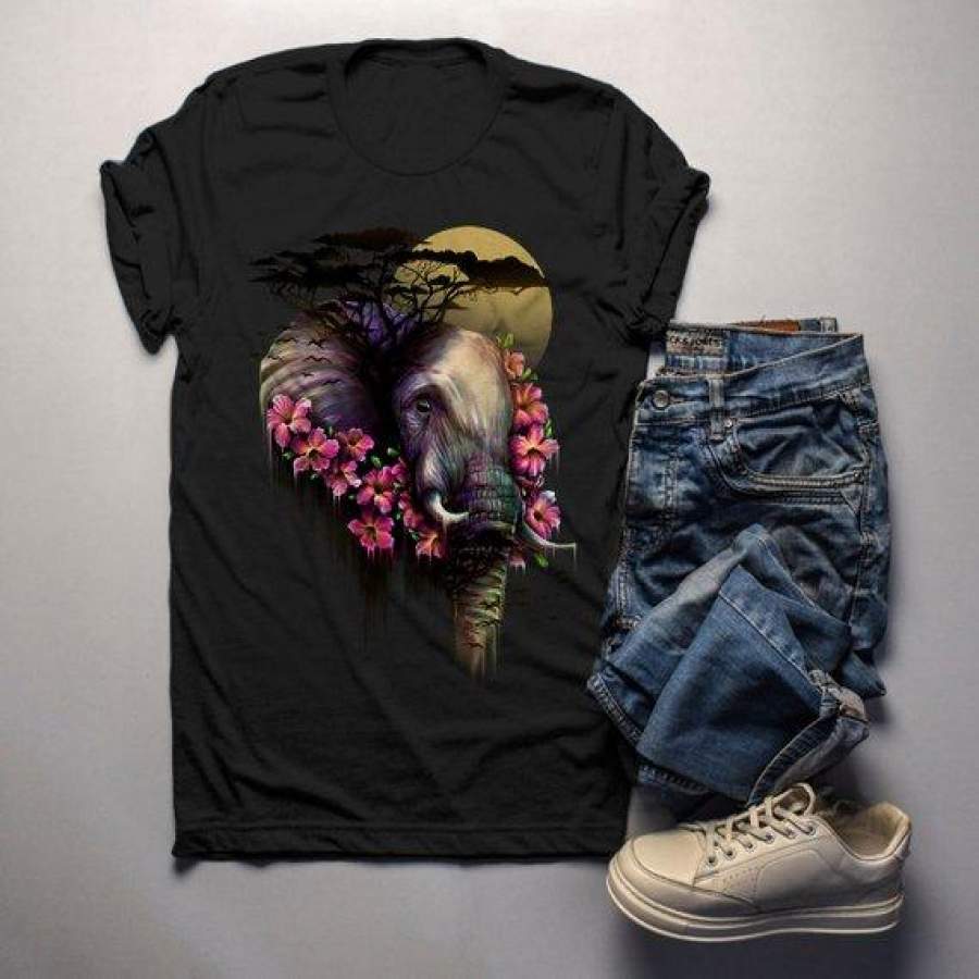 Men’s Elephant T Shirt Hand Drawn Pachyderm Beautiful Shirts Flowers Graphic Tee Illustration