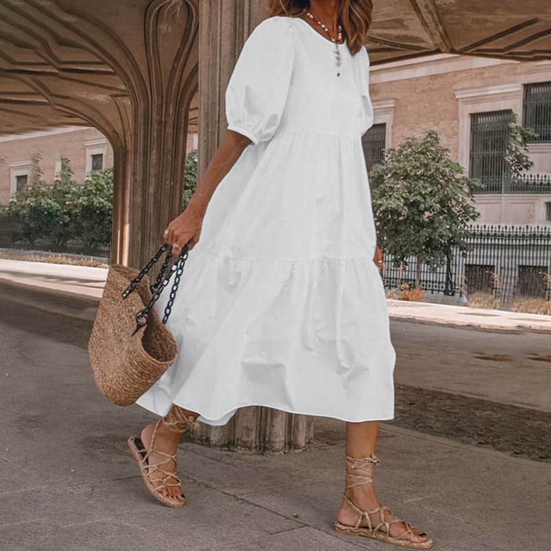 Women Solid Sundress Summer Vintage Elegant Loose Short Sleeve Swing Party Long Dresses Female Beach Dress Vestidos Casual Robe alx