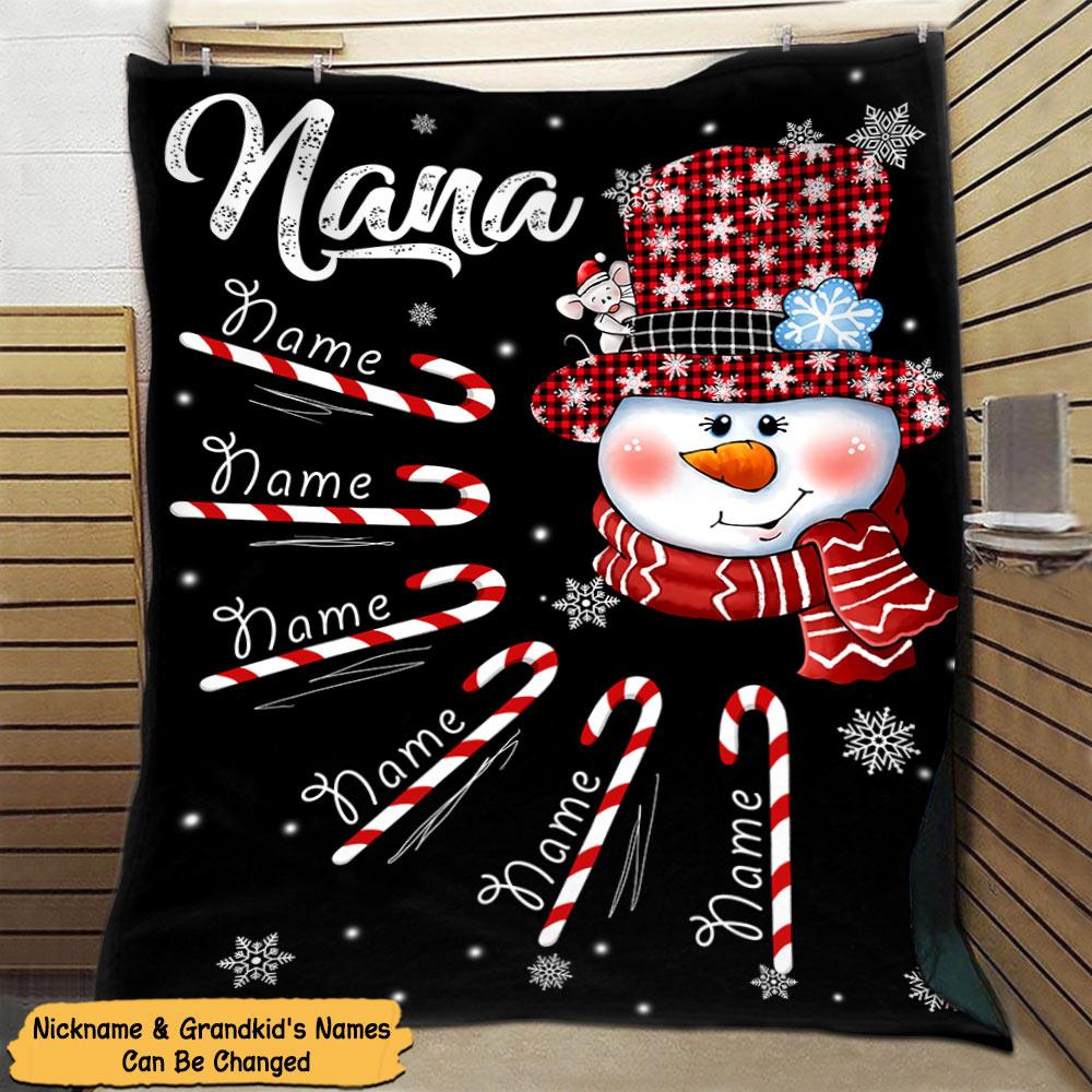 Personalized Grandma Snowman Candy Cane Christmas Blanket, Grandma Nana Mimi Christmas Blanket, Custom Grandma With Grandkids Name Blanket