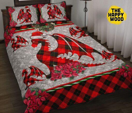 Dragon Flower Red Christmas Faux Glitter Print Quilt Bed Set And Pillow Covers