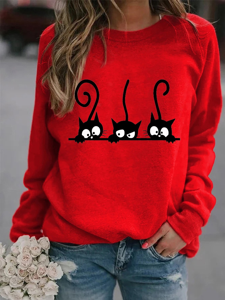 Women Winter New Fashion Long Sleeved Casual Round Neck Black Cats Printed Loose Sweatshirt Tops & Blouses Plus Size T-shirts alx