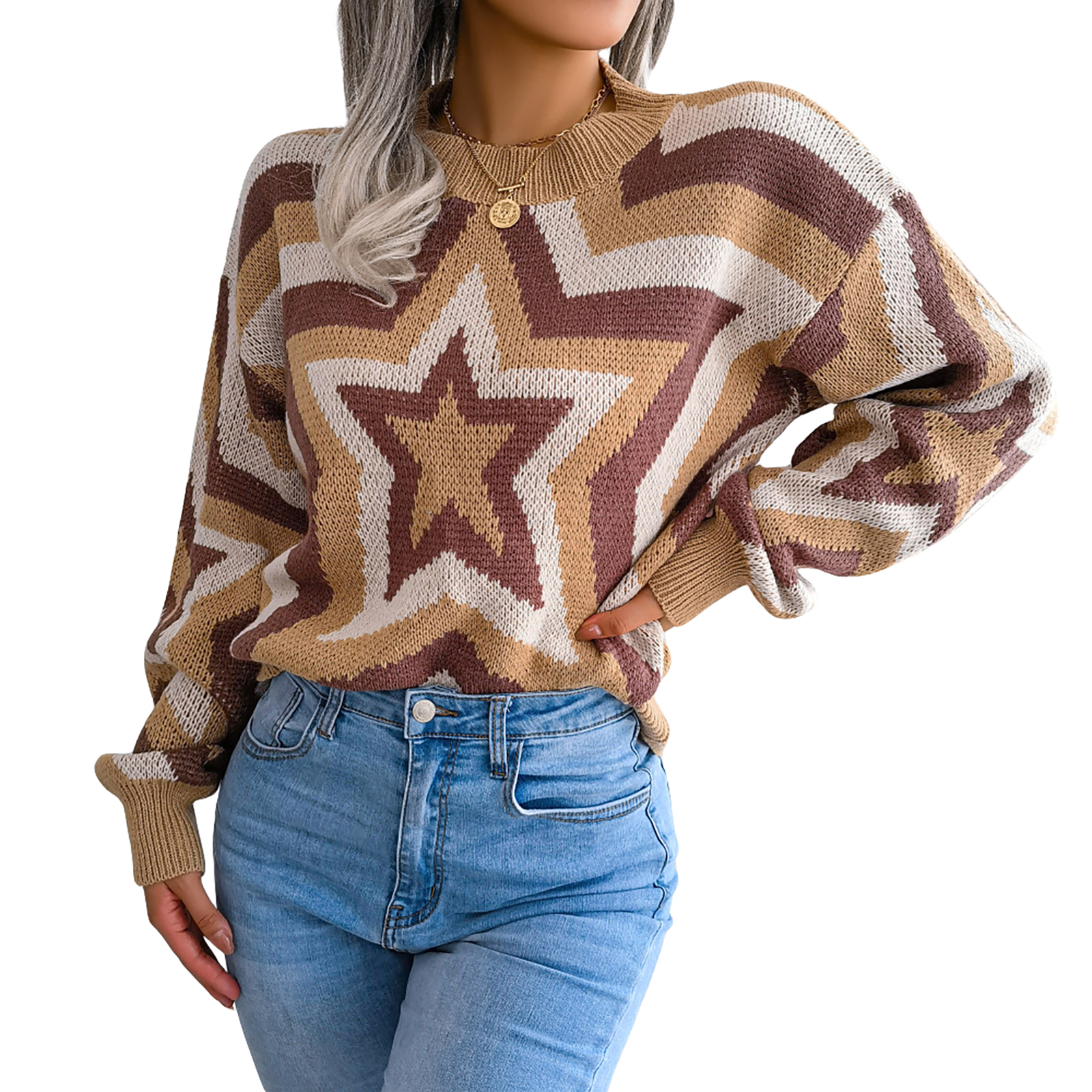 Women Long Sleeve Star Printed Sweater Contrast Color Round Neck Knitted Tops Fall Winter Casual Pullover Top alx