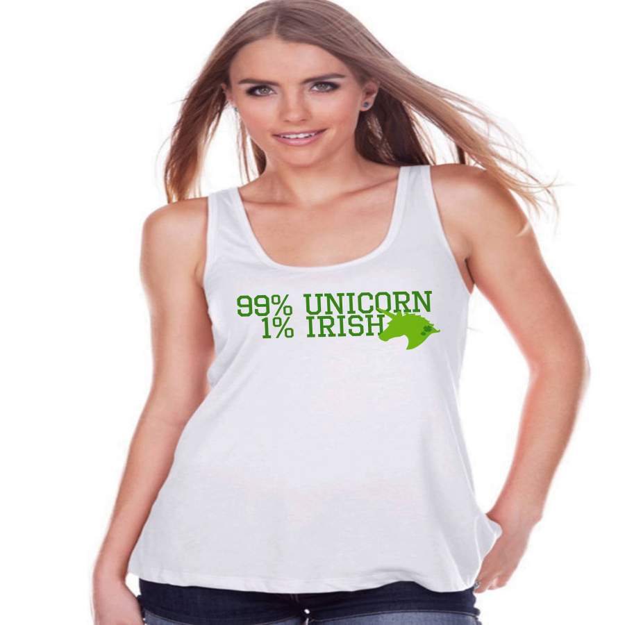 Women’s Unicorn Shirt – 99% Unicorn – St Patrick’s Day Irish Unicorn Tank – Womens White Tank Top – Green Lucky Unicorn – Gift for Her