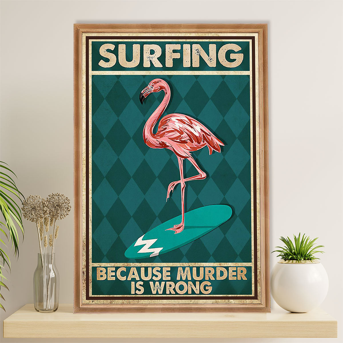 Water Surfing Canvas Wall Art Prints | Flamingo Surfing | Home Décor Gift For Beach Surfer