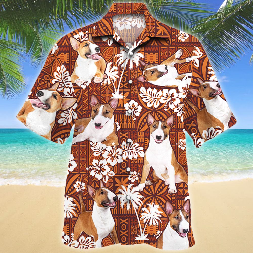 Miniature Bull Terrier Dog Red Tribal Pattern Hawaiian Shirt Ha66277