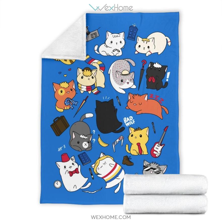 Cute Cats Patterns Blue Premium Blanket